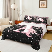 Manfei Girls Pink Monogrammed Twin Sheet Sets 3pcs, Personalized Letter A Twin Fitted Sheet, Kawaii Axolotl Cherry Blossoms Flat Sheet, Super Cozy Room Decor