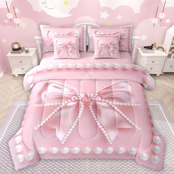 Manfei Girls Pink Pearl Bowknot Twin Bedding Sets 7-Piece,Ribbon Bowtie Bedding Comforter Set Microfiber,Dreamy Princess Breathable Sheet Sets,Microfiber Bedroom Decor,Reversible