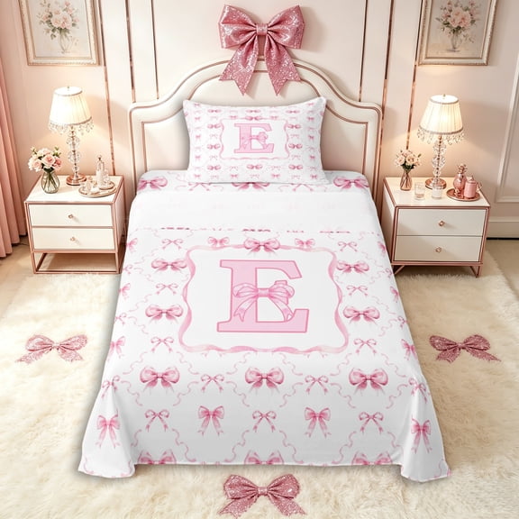 Manfei Girls Pink Personalized Initial E Twin Sheet Sets 3pcs,Kids Teens Kawaii Ribbon Bow Grid Bedding,Lightweight Room Decor