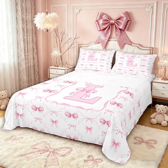 Manfei Girls Pink Personalized Initial L Bed Sheets 4pcs,Kids Teens Kawaii Ribbon Bow Grid King Sheets,Microfiber Bedroom Decor