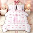 thumbnail image 1 of Manfei Girls Pink Personalized Initial L Bedding Comforter Set 7-Piece,Kids Teens Kawaii Ribbon Bow Grid King Bedding Sets,Pink Reversible,Microfiber Bedroom Decor, 1 of 7