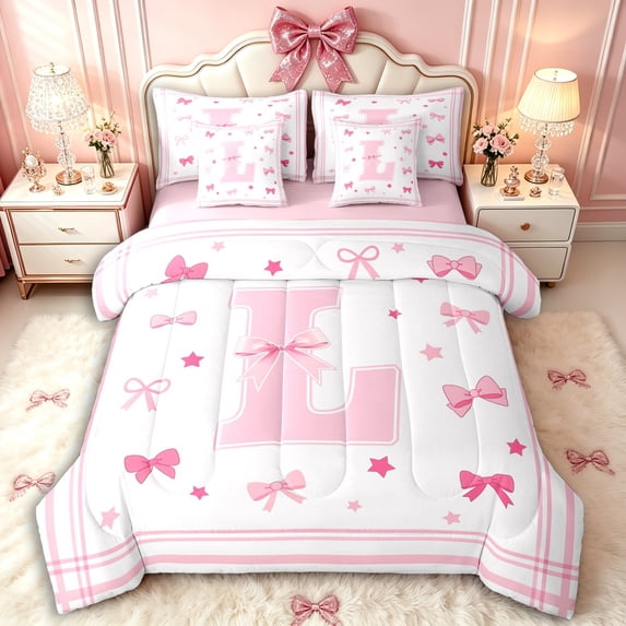 Manfei Girls Pink Personalized Initial L Bedding Comforter Set 7pcs,Kawaii Bowknot Geometric Stripes Queen Bedding Sets for Kids Teens,Pink Reversible,Microfiber Bedroom Decor