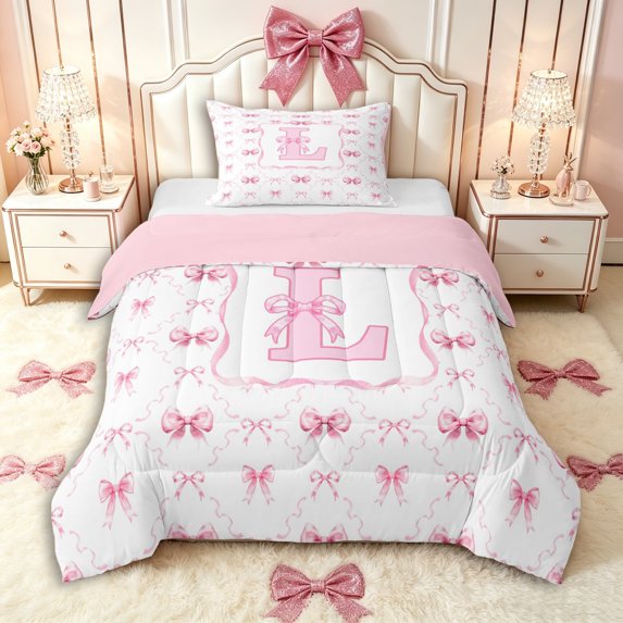 Manfei Girls Pink Personalized Initial L Twin Comforter Sets 3-Piece,Kids Teens Kawaii Ribbon Bow Grid Bedding Set,Pink Reversible,Microfiber Bedroom Decor