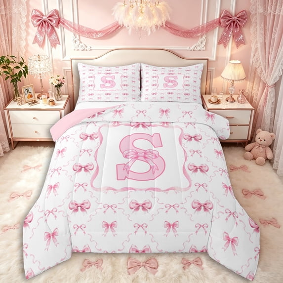 Manfei Girls Pink Personalized Initial S Full Size Comforter Sets 3 Pieces,Kids Teens Kawaii Ribbon Bow Grid Bedding Sets,Pink Reversible,Ultra Soft Home Decor