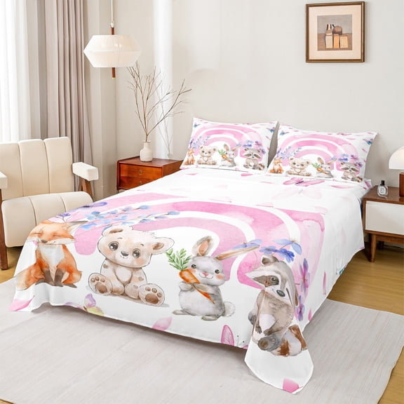 Manfei Girls Pink Rainbow Twin Sheet Sets 3pcs, Fox Bear Rabbit Raccoon Twin Fitted Sheet, Chic Butterfly Flat Sheet, Lightweight Room Decor