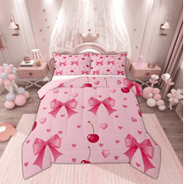 Manfei Girls Pink Ribbon Bedding Comforter Set, Cartoon Bowknot Bow-tie Twin Comforter Sets, Princess Cherry Love Heart Reversible Bedding Set, Microfiber Bedroom Decor, 2 Pieces