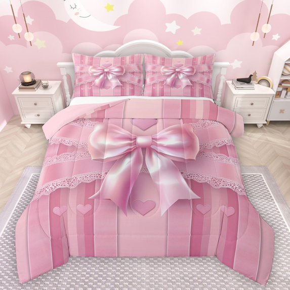 Manfei Girls Pink Ribbon Bowknot Bedding Comforter Set 2pcs,Geometric Stripes Twin Comforter Sets Microfiber,Dreamy Princess Breathable Bedding Set,Microfiber Bedroom Decor,Reversible