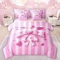thumbnail image 1 of Manfei Girls Pink Ribbon Bowknot Bedding Comforter Set 7 Pieces,Geometric Stripes Full Bedding Set Lightweight,Dreamy Princess Fitted Sheet Flat Sheet,Microfiber Bedroom Decor,Reversible, 1 of 8
