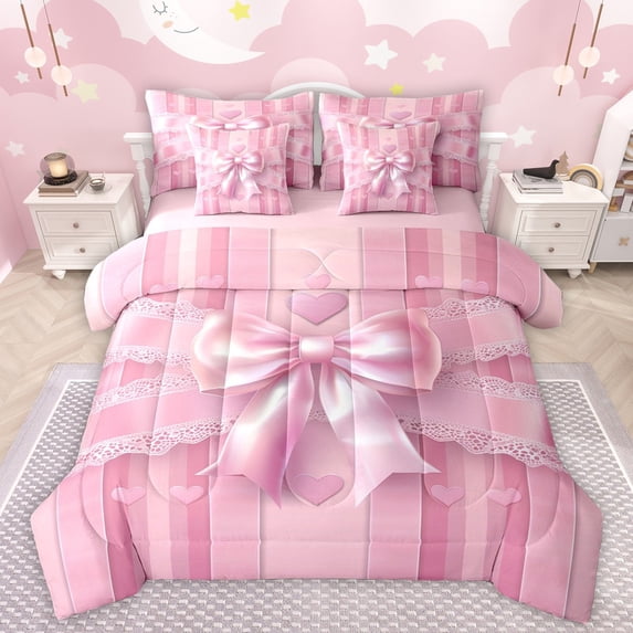 Manfei Girls Pink Ribbon Bowknot Bedding Comforter Set 7pcs,Geometric Stripes Queen Bedding Sets Super Cozy,Dreamy Princess Queen Sheet Sets,Microfiber Bedroom Decor,Reversible