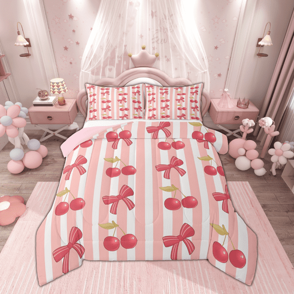 Manfei Girls Pink Ribbon Queen Comforter Set, Cartoon Bowknot Bow-tie Bedding Comforter Set, Princess Bow Style Reversible Bedding Set, Breathable Home Decor, 3pcs