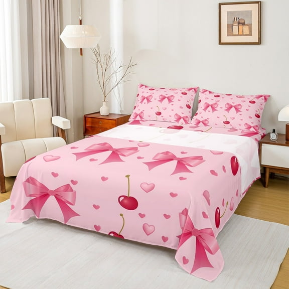 Manfei Girls Pink Ribbon Twin Sheet Sets, Cartoon Bowknot Bow-tie Twin Fitted Sheet, Princess Cherry Love Heart Flat Sheet, Microfiber Bedroom Decor, 3 Pieces
