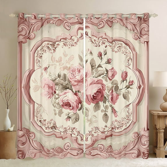 Manfei Girls Pink Rose Black Out Curtains, Anniversary Flower Floral Curtains Pack of 2 (42x63 Each), Western Bohemian Mandala Bedroom Curtains, Black Out Curtains Home Decor
