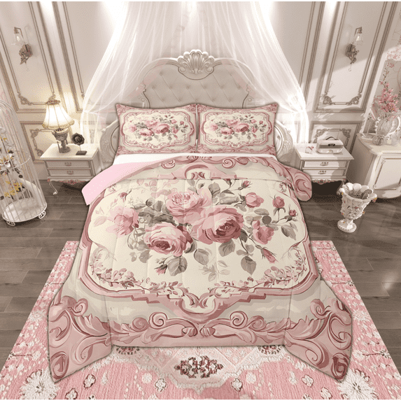 Manfei Girls Pink Rose Queen Comforter Set, Anniversary Flower Floral Bedding Sets, Western Bohemian Mandala Reversible Bedding Comforter Set, Ultra Soft Home Decor, 3-Piece