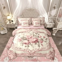 Manfei Girls Pink Rose Twin Bedding Sets 7-Piece, Anniversary Flower Floral Bedding Comforter Set, Western Bohemian Mandala Reversible Sheet Sets, Ultra Soft Home Decor