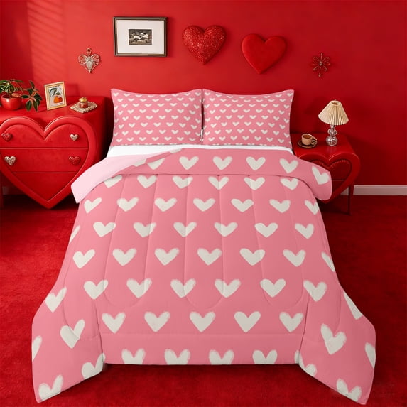 Manfei Girls Pink White Full Size Comforter Sets,Cartoon Loves Print Bedding Comforter Set,Romantic Theme Bedding Sets For Kids,Microfiber Bedroom Decor Reversible,3-Piece