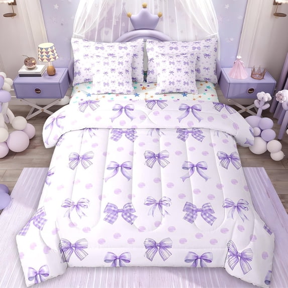 Manfei Girls Purple Bow 7-Piece Bedding Comforter Set,Girly Cute Dot Bowknot King Bedding Sets For Girls,Princess Bow-Tie Reversible