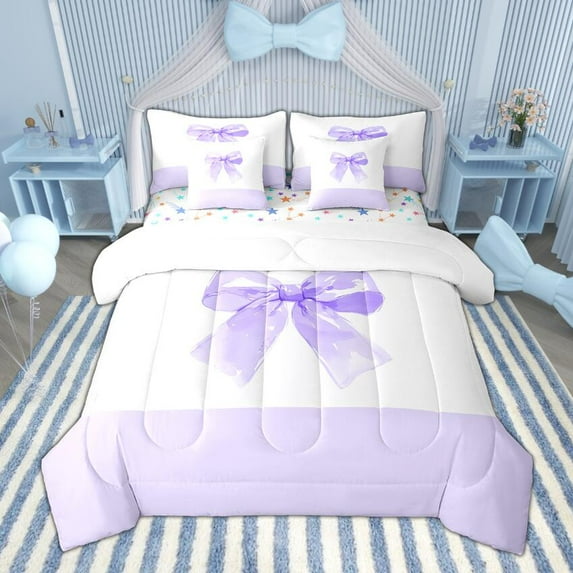 Manfei Girls Purple Bowknot Bedding Comforter Set 7 Pieces, Love Heart Print Full Bedding Set, Cute Bow Ribbon Fitted Sheet Flat Sheet, Ultra Soft Bedroom Decor