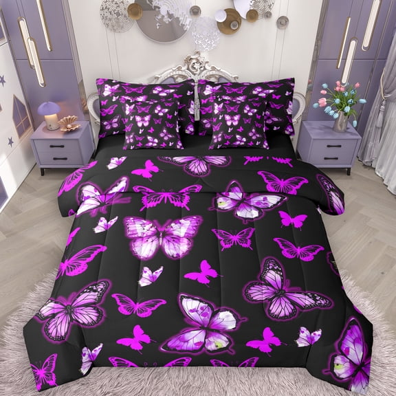 Manfei Girls Purple Butterfly 7-Piece Bedding Comforter Set, Romantic Animal King Bedding Sets, Kawaii Princess Style Reversible Bed Sheets, Microfiber Bedroom Decor