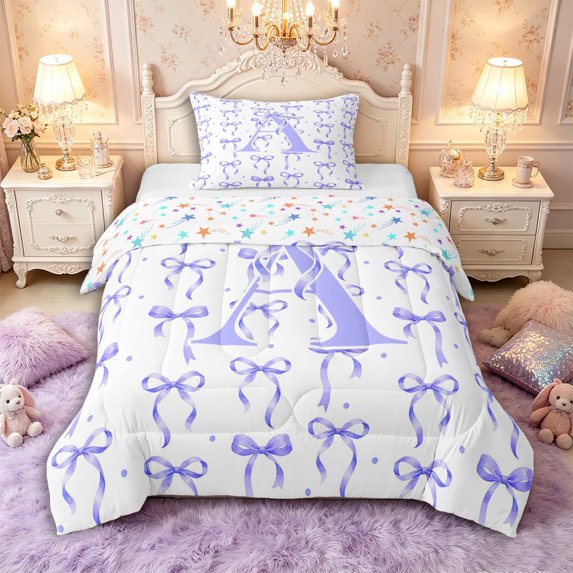 Manfei Girls Purple Letter Monogrammed A Twin Comforter Sets 3-Piece,Kids Teens Polka Dots Ribbon Bow Knot Bedding Set,Breathable Home Decor