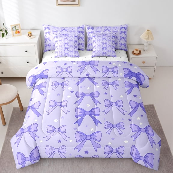 Manfei Girls Purple Ribbon Twin Bedding Sets 7-Piece, Dreamy Bowknot Bow-tie Bedding Comforter Set, Princess Cartoon Style Reversible Sheet Sets, Microfiber Bedroom Decor