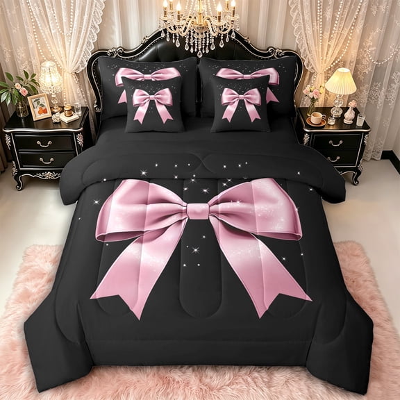 Manfei Girls Ribbon Bow Bedding Comforter Set 7pcs,Sparkling Sequins Queen Bedding Sets,Black Reversible