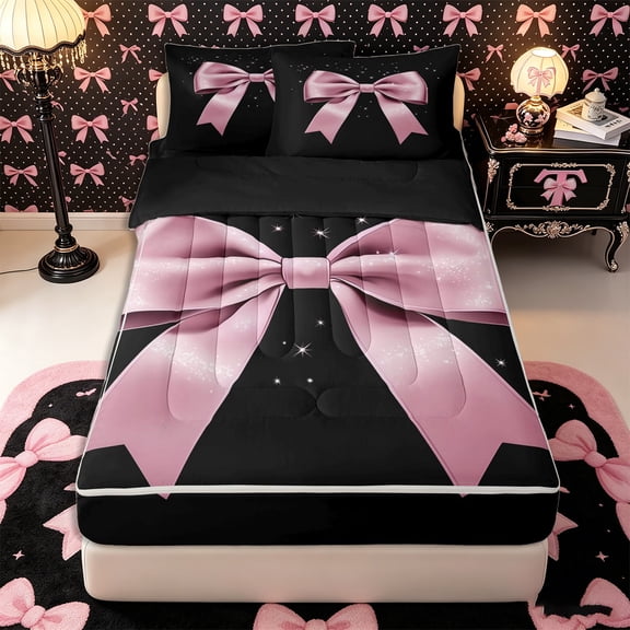 Manfei Girls Ribbon Bow Zipper Full Size Comforter Sets with Fitted Sheet and 2 Pillowcases,Sparkling Sequins Zipper Bedding Set,4pcs,Black Reversible
