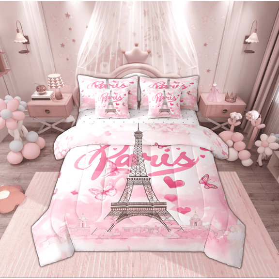 Manfei Girls Romantic Paris Bedding Comforter Set 7 Pieces, Eiffel Tower Full Bedding Set, Pink Watercolor Butterfly Fitted Sheet Flat Sheet, Super Cozy Room Decor