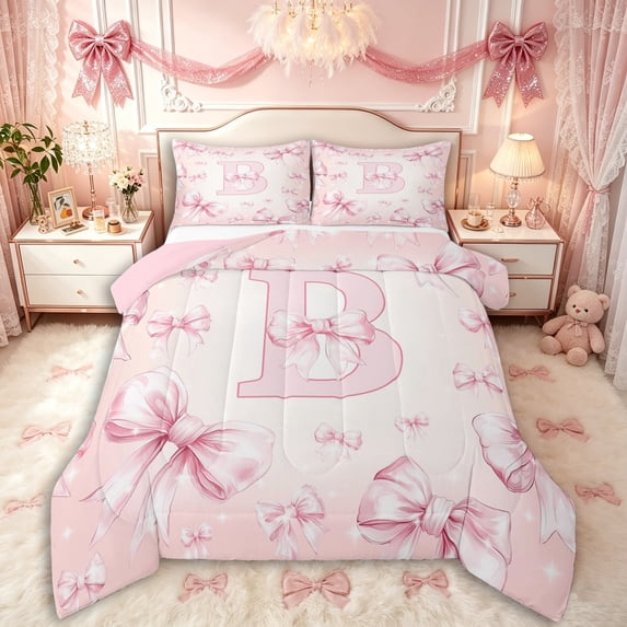 Manfei Girls Shabby Chic Bow Tie Letter Monogrammed B Queen Comforter Set 3pcs,Kids Teens Romantic Princess Style Initial Bedding Comforter Set,Pink Reversible,Breathable Home Decor
