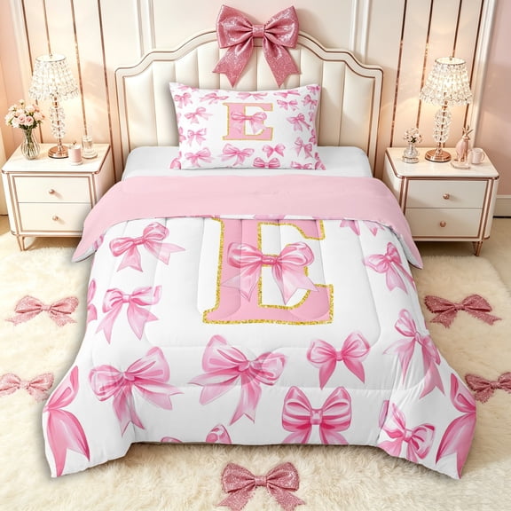 Manfei Girls Shabby Chic Ribbon Bow Personalized Initial E Twin Comforter Sets 3-Piece,Kids Teens Gold Sparkling Sequins Bedding Set,Pink Reversible,Lightweight Room Decor