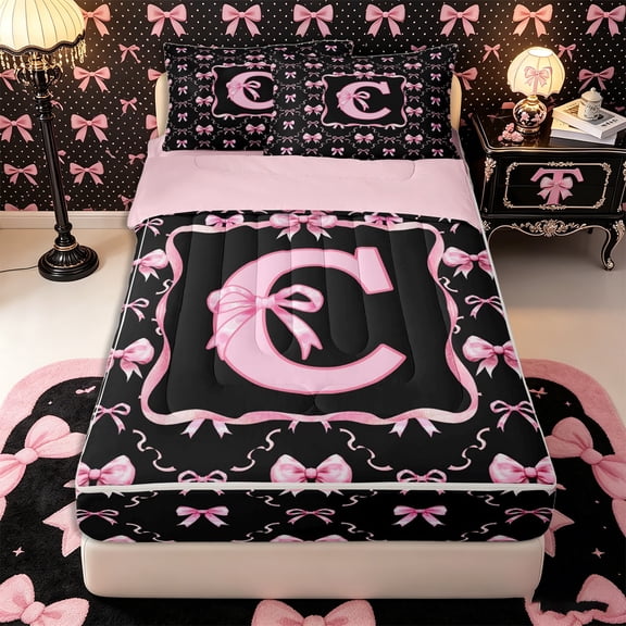 Manfei Girls Shabby Chic Romantic C Initial Zipper Full Size Comforter Sets with Fitted Sheet and 2 Pillowcases,Teens Girls Dreamy Princess Bowknot Zipper Bedding Set,4pcs,Pink Reversible