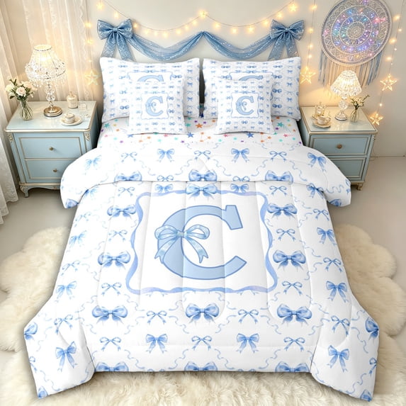 Manfei Girls Shabby Chic Romantic C Personalized Initial Bedding Comforter Set 7pcs,Teens Women Dreamy Princess Bowknot Queen Bedding Sets,Ultra Soft Home Decor