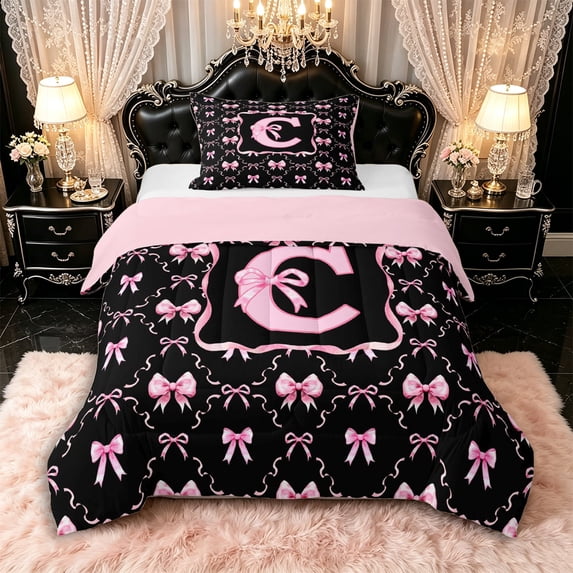 Manfei Girls Shabby Chic Romantic C Personalized Initial Twin Comforter Sets 3-Piece,Teens Women Dreamy Princess Bowknot Bedding Set,Pink Reversible,Ultra Soft Home Decor