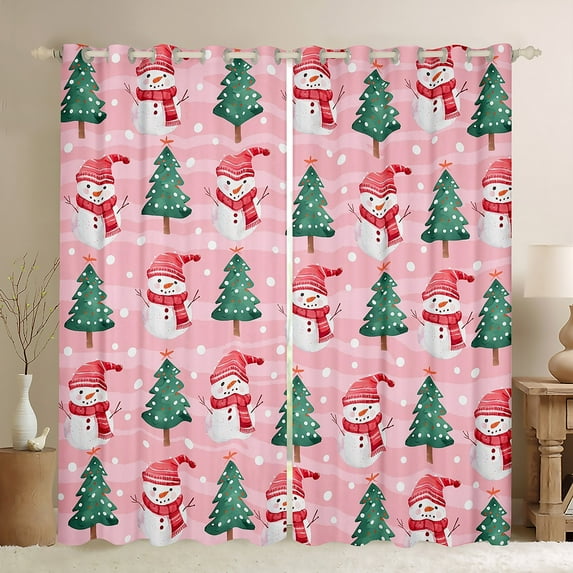 Manfei Girls Snowman Curtains Pack of 2 (42x84 Each), Merry Xmas Christmas Tree Curtains Blackout, Pink Green Bedroom Curtains, Luxury Bedroom Decor