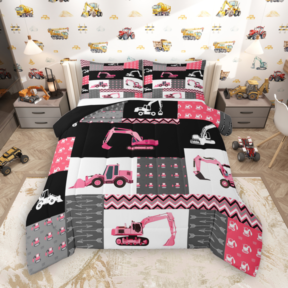Manfei Girls Truck Tractor Bedding Comforter Set 2pcs, Bulldozer Plaid Twin Comforter Sets, Transportation Theme Bedding Set, Ultra Soft Home Decor