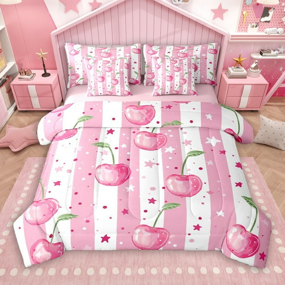 Manfei Girls Watercolor Cherry 7 Pieces Bedding Comforter Set, Cartoon Stars Print Full Bedding Set, White Pink Stripes Abstract Reversible Fitted Sheet Flat Sheet, Breathable Home Decor
