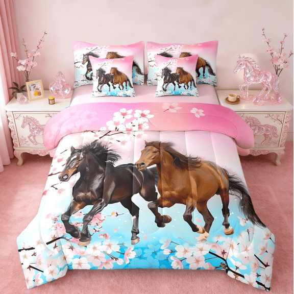 Manfei Girls West Horse 7-Piece Bedding Comforter Set,Pink Cherry Blossom Farmhouse Western King Bedding Sets For Girl Women Reversible