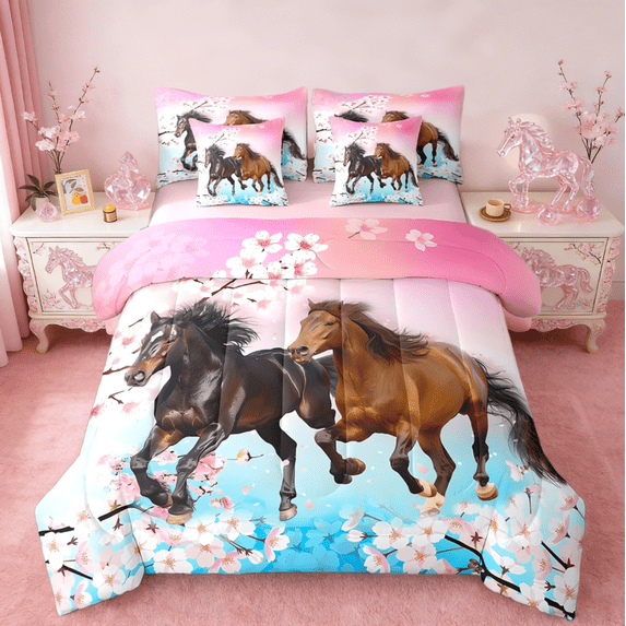 Manfei Girls West Horse 7pcs Bedding Comforter Set,Pink Cherry Blossom Farmhouse Western Queen Bedding Sets For Girl Women Reversible