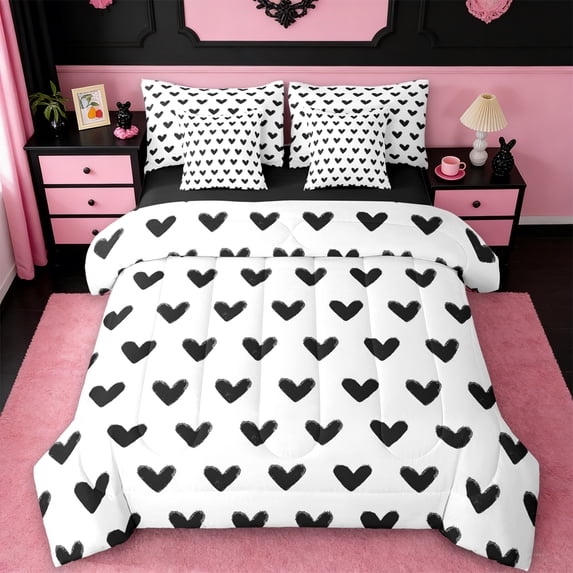Manfei Girls White Black 7-Piece Twin Bedding Sets,Cartoon Loves Print Bedding Comforter Set,Romantic Theme Sheet Sets For Kids,Microfiber Bedroom Decor Reversible