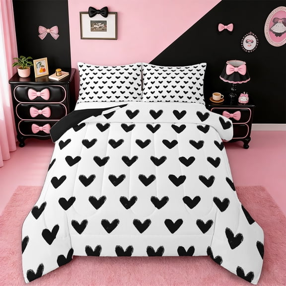 Manfei Girls White Black Queen Comforter Set,Cartoon Loves Print Bedding Sets,Romantic Theme Bedding Comforter Set For Kids,Microfiber Bedroom Decor Reversible,3 Pieces