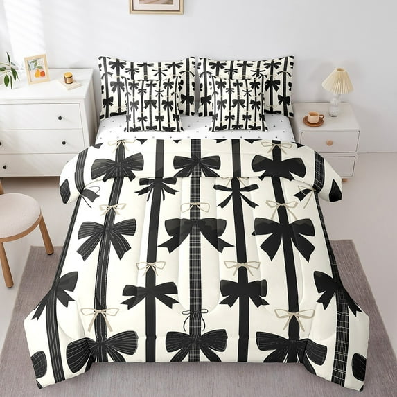 Manfei Girly Black Bow-tie Bedding Full Size, Kawaii Bow Bedding Sets Full Size, Princess Style Reversible Comforter Sets with Sheets, Super Cozy Bedroom Decor, 7-Piece