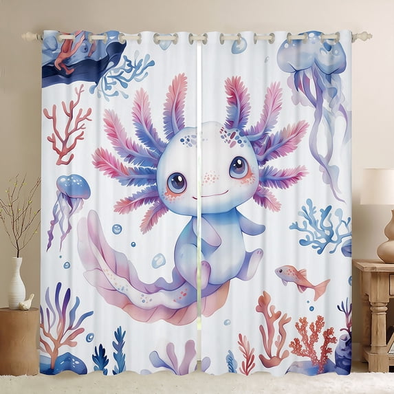 Manfei Girly Blue Axolotl Blackout Curtains Set of 2 (52x84 Each) for Kids, Kawaii Seashell Sealife Window Curtains, Ocean Animal Curtains and Drapes, Window Curtains Bedroom Decor