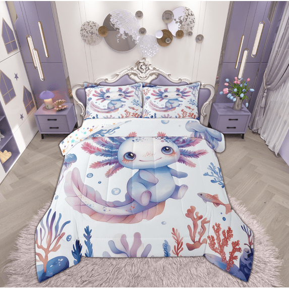 Manfei Girly Blue Axolotl Full Size Comforter Sets for Kids, Kawaii Seashell Sealife Bedding Comforter Set, Ocean Animal Reversible Bedding Sets, Microfiber Bedroom Decor, 3pcs