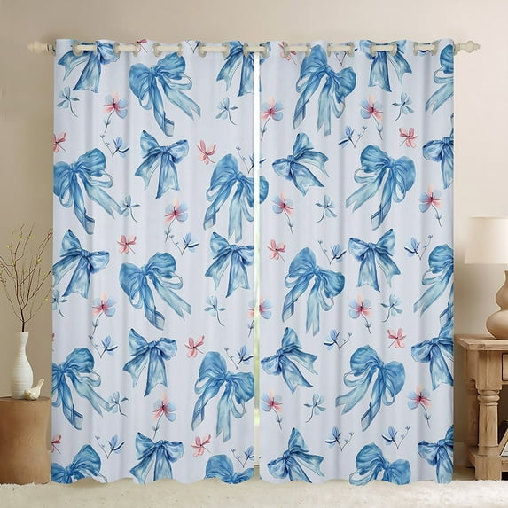 Manfei Girly Blue Bow-tie Blackout Curtains Set of 2 (52x84 Each), Princess Bowknot Window Curtains, Cartoon Flower Floral Curtains and Drapes, Curtains and Drapes Bedroom Decor
