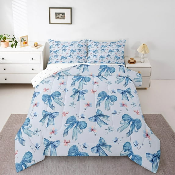 Manfei Girly Blue Bow-tie Full Size Comforter Sets, Princess Bowknot Bedding Comforter Set, Cartoon Flower Floral Reversible Bedding Sets, Microfiber Bedroom Decor, 3 Pieces