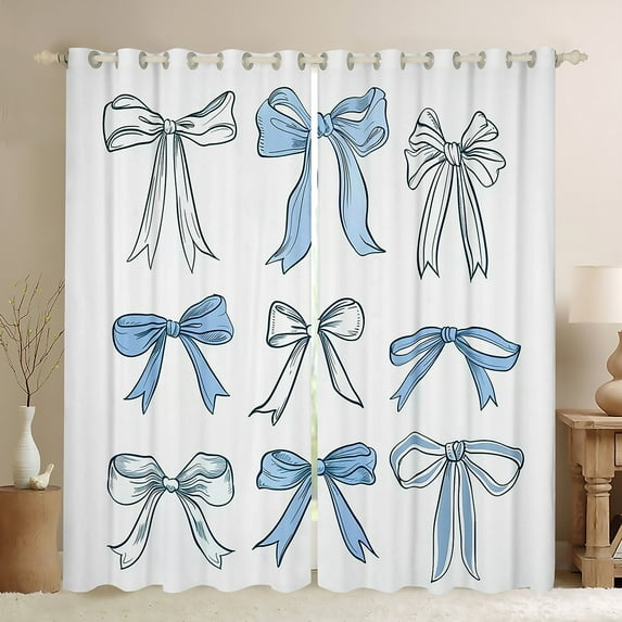 Manfei Girly Blue Bowknot Black Out Curtains for Kids, Love Heart Curtains Pack of 2 (42x63 Each), Princess Cartoon Theme Bedroom Curtains, Curtains Blackout Home Decor