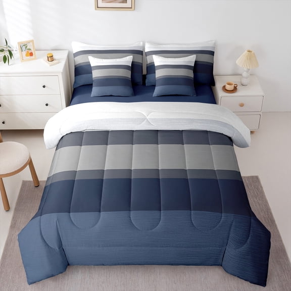 Manfei Girly Blue Grey Stripes 7-Piece Bedding Comforter Set for Female, Modern Abstract Ombre King Bedding Sets, Chic Artwork Reversible Bed Sheets, Microfiber Bedroom Decor