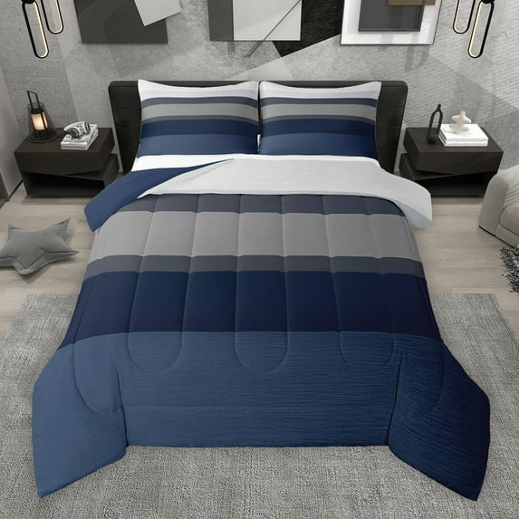 Manfei Girly Blue Grey Stripes Bedding Comforter Set for Female, Modern Abstract Ombre Twin Comforter Sets, Chic Artwork Reversible Bedding Set, Microfiber Bedroom Decor, 2pcs