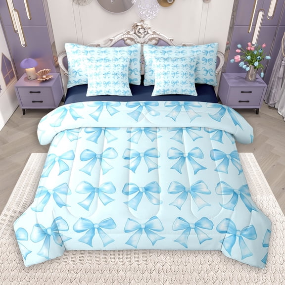 Manfei Girly Blue Ribbon 7 Pieces Bedding Comforter Set for Kids, Kawaii Cartoon Bow-tie Full Bedding Set, Princess Bowknot Style Reversible Fitted Sheet Flat Sheet, Breathable Home Decor