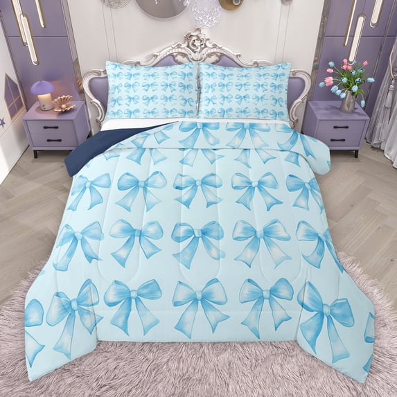 Manfei Girly Blue Ribbon Queen Comforter Set for Kids, Kawaii Cartoon Bow-tie Bedding Sets, Princess Bowknot Style Reversible Bedding Comforter Set, Breathable Home Decor, 3 Pieces