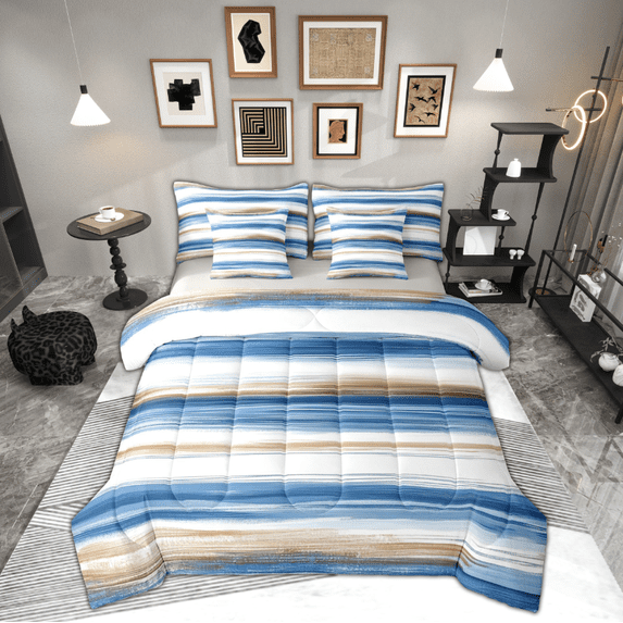 Manfei Girly Blue Stripes Bedding Comforter Set 7 Pieces for Adult, Oil Printing Artwork Full Bedding Set, Abstract Ombre Reversible Fitted Sheet Flat Sheet, Breathable Home Decor